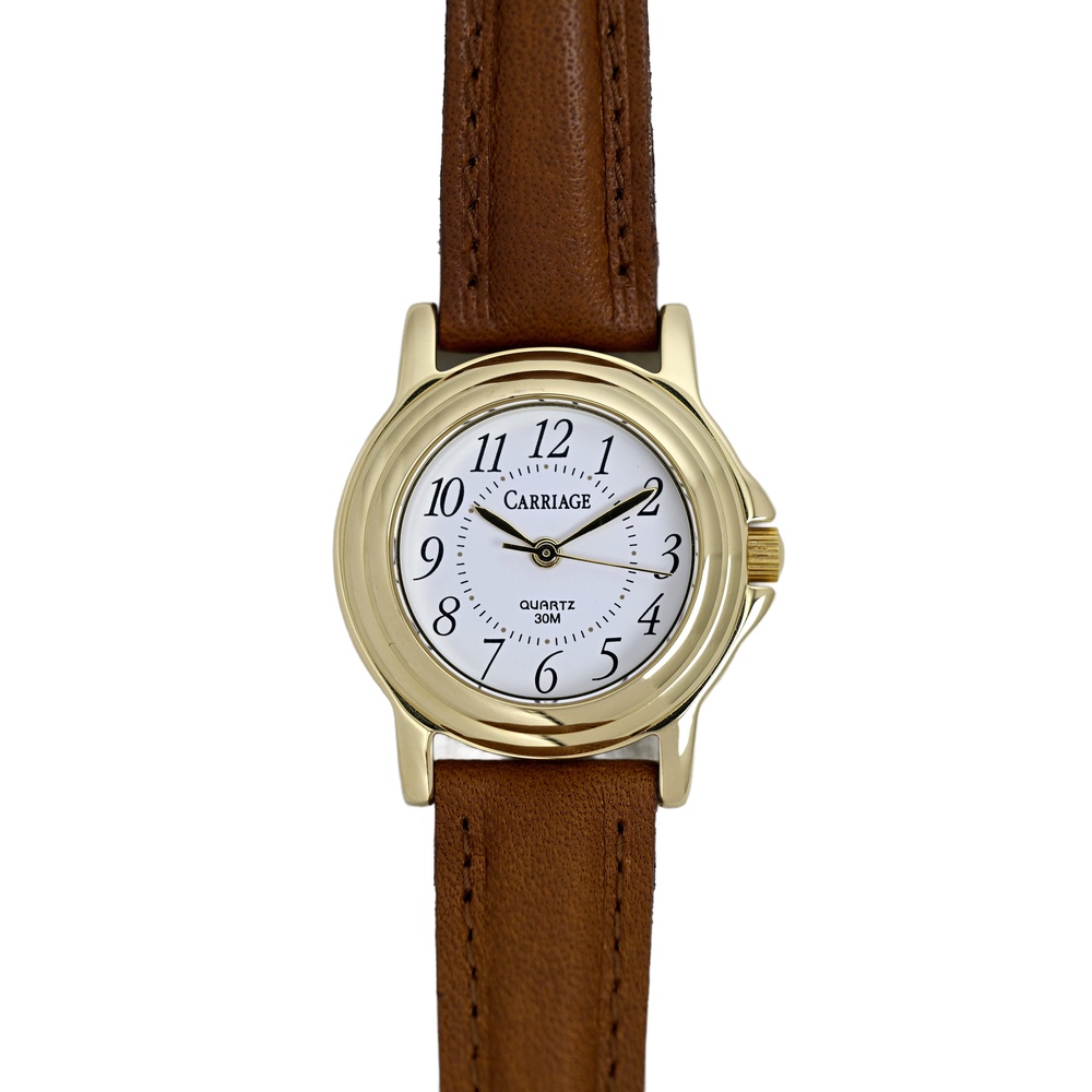 Carriage by Timex Ladies Gold Plated 1990's Vintage White Dial Watch Leather